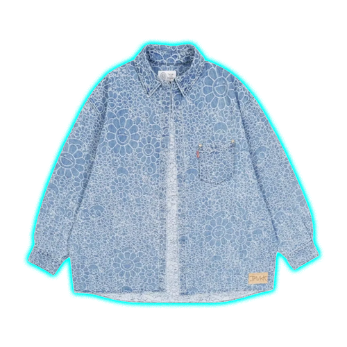 Takashi Murakami Flowers and Skulls Jacquard Denim Haori Shirt Light Blue