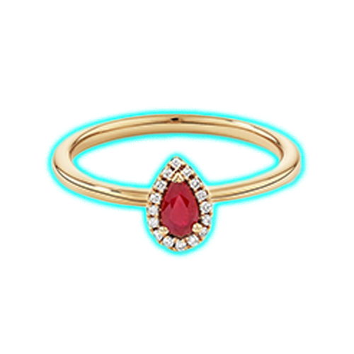 Pear Cut Red Ruby Gemstone and 0.08 Carat TW Diamond Halo Ring in 10kt Yellow Gold