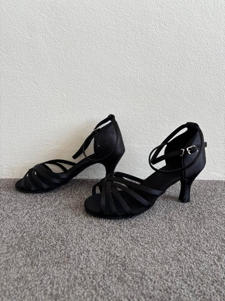 Black satin ballroom shoes