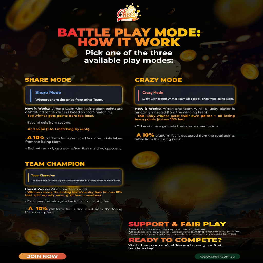 Cheer Battles - Choose Your Battle Mode: Share, Crazy, or Team Champion!