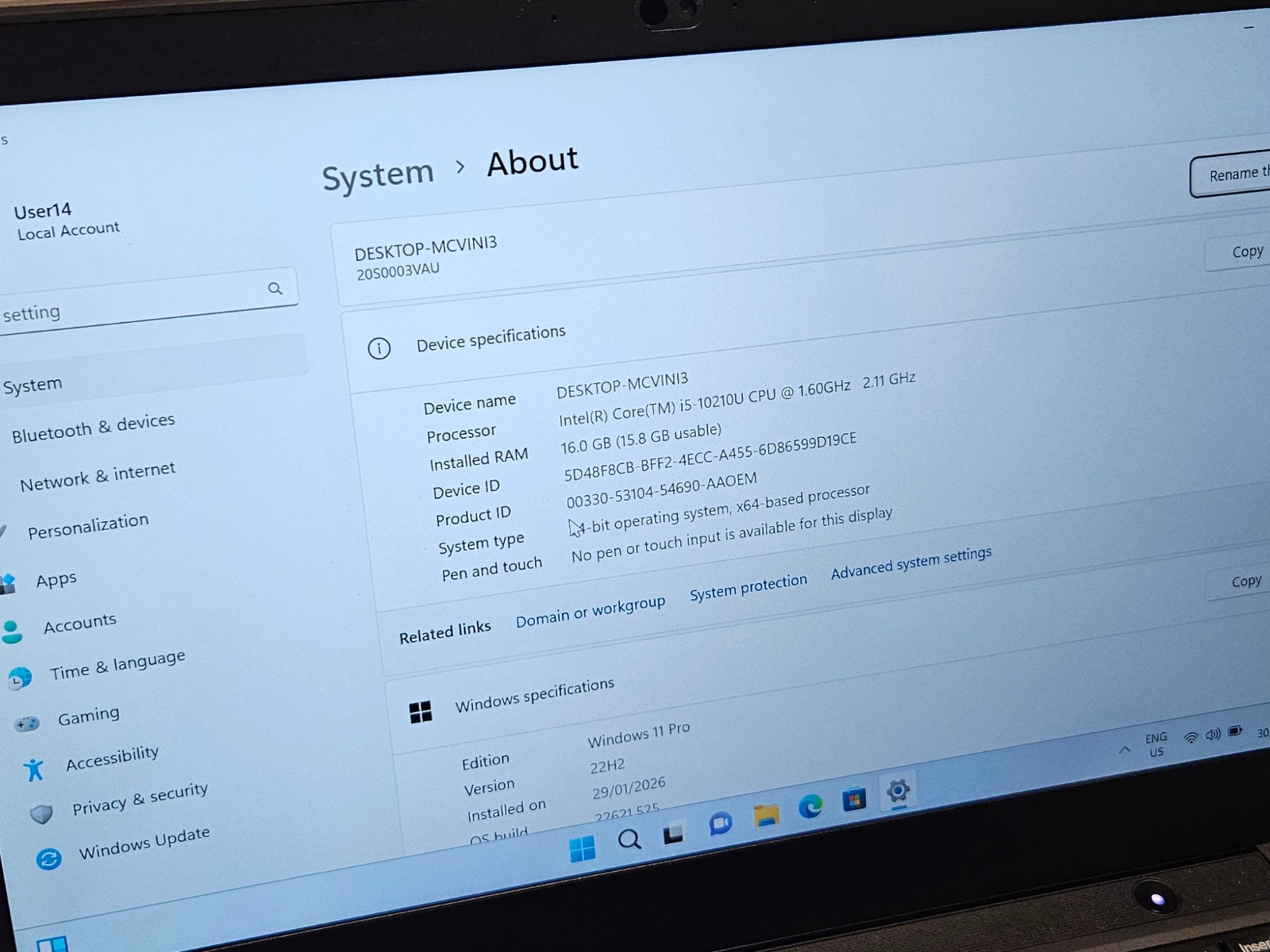 Laptop Lenovo ThinkPad T14 Core i5-10th Gen, RAM 16GB, SSD 512GB, L009