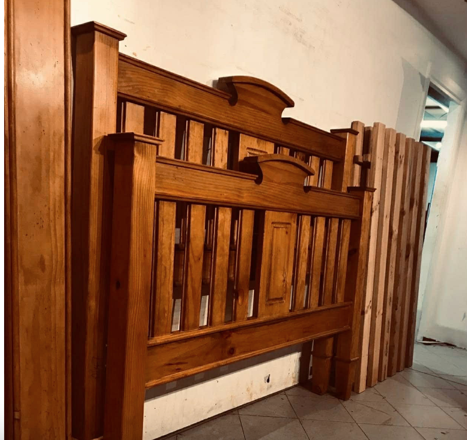 Good condition solid wood high back queen bed with thick wooden slats