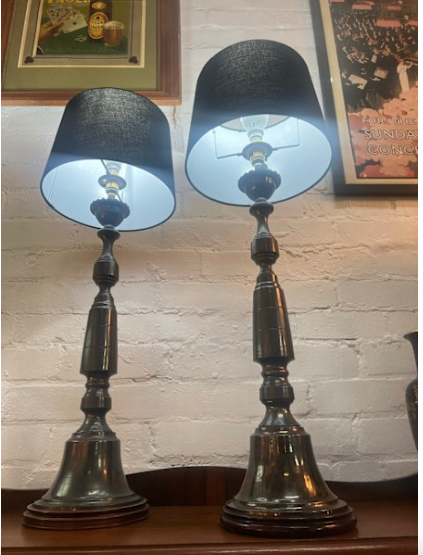 Pair of Indisutrial era Tall Metal Table Lamp with Black Fabric Shades