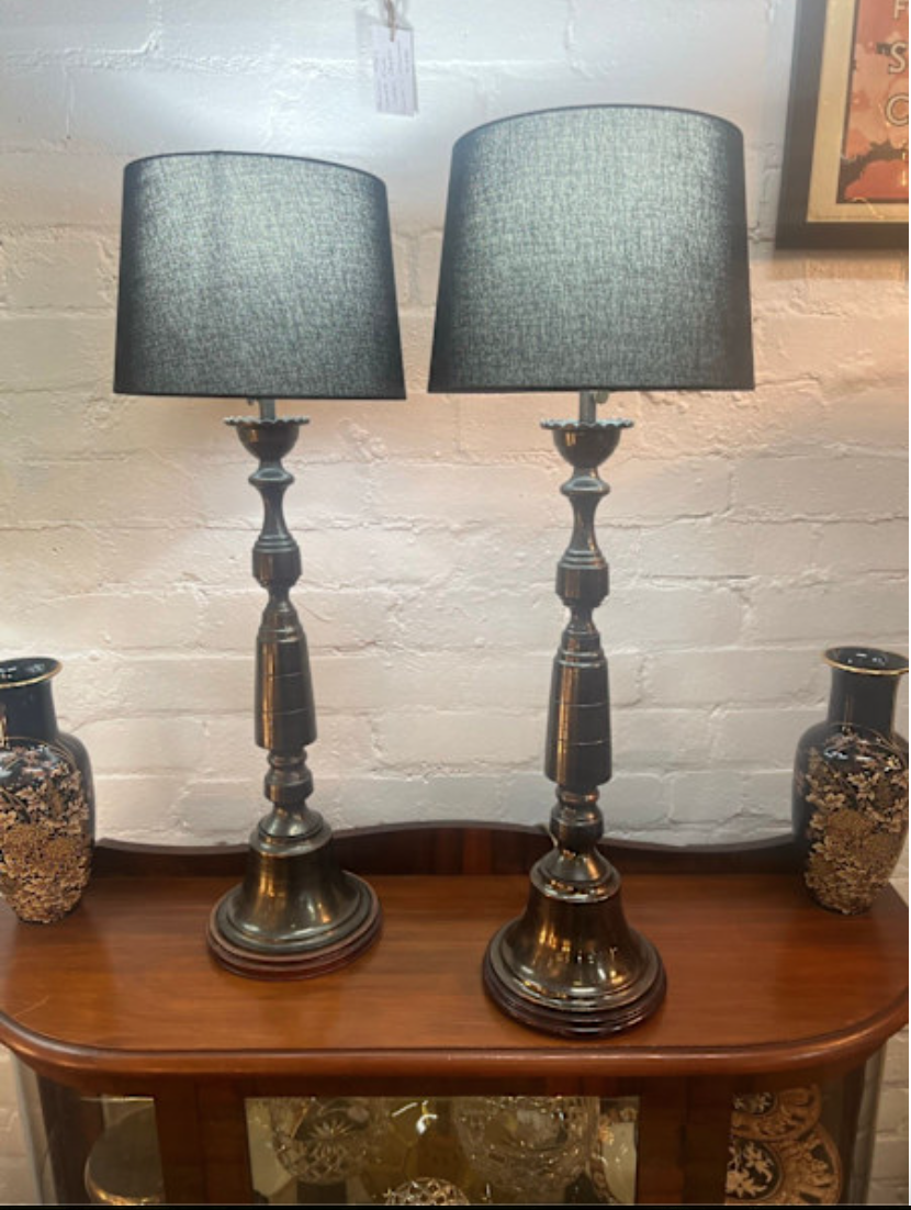 Pair of Indisutrial era Tall Metal Table Lamp with Black Fabric Shades